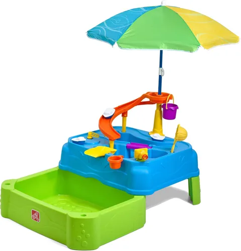 Step2 Waterpark Wonders - Mesa de agua de dos niveles, juego sensorial de actividades acuáticas para niños con paraguas, accesorio de rociador de