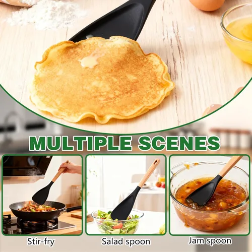 Miniatura 4 de 2 cucharas de cocina para utensilios de cocina antiadherentes, cuchara de cedro y ceniza, para mezclar, recoger y raspar, servir silicona mate