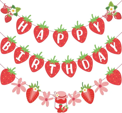 SUNBEAUTY Pancarta de Feliz Cumpleaños de Fresa, Pancarta Colgante de Fiesta de Frutas Rojas Berry Sweet, Decoraciones de Cumpleaños de Fresa para