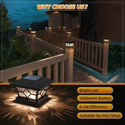 Miniatura 4 de APONUO Paquete de 8 Luces Solares para Postes con Batería de 1000mAh - para Cercas de 4x4 5x5 6x6, Tamaño Más Grande y Más Duraderas, 2 Modos, Negro