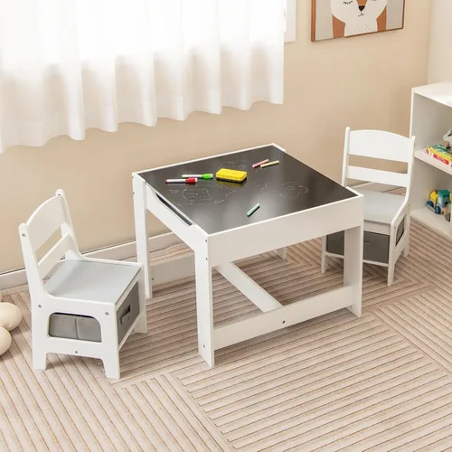 KOTEK Juego de mesa y 2 sillas de madera para niños con pizarra y cajones de almacenamiento, mesa de actividades múltiples para niños para aprender,