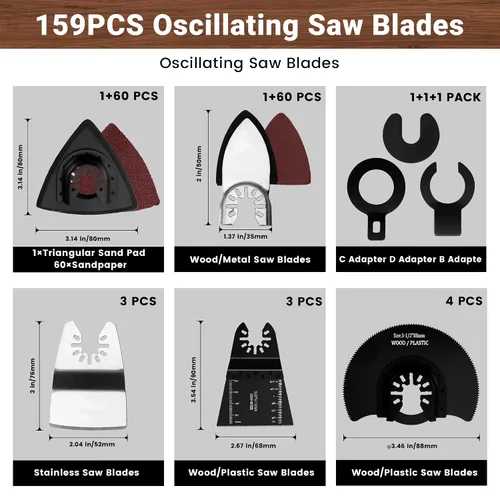 Miniatura 3 de 159 hojas de sierra oscilantes con papel de lija, cuchillas multiherramienta universales de titanio para madera/plásticos/metal, kits