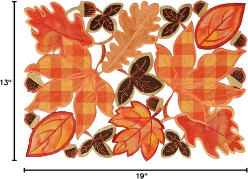 Miniatura 6 de Manteles individuales bordados de hojas de arce a cuadros para Acción de Gracias, decoración de cosecha de otoño (13 x 19 pulgadas, juego de 4)