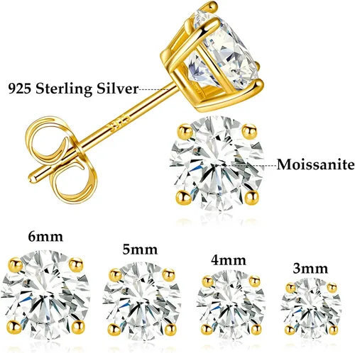 Miniatura 6 de MDFUN Juego de aretes de tuerca de moissanita de plata de ley S925, 4 puntas, redondos, de moissanita, paquete múltiple