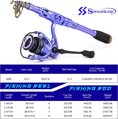 Miniatura 6 de Sougayilang Fishing Rod and Reel Combos Carbon Fiber Telescopic Fishing Pole with Smooth Reel Combo Saltwater Freshwater Kit Kit Completo Púrpura