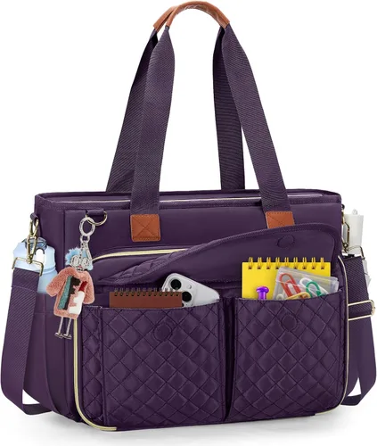 Miniatura 9 de Bolso de lona para laptop RAINSMORE para profesoras, bolsas de trabajo para mujer, bolso de 15.6 pulgadas con gran portavasos para enfermeras, bolso