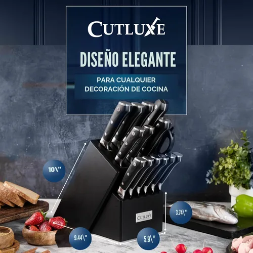 Miniatura 6 de Cutluxe Juego de 15 cuchillos – Bloque de madera negra premium – Juego de cuchillos para cocina, acero inoxidable alemán de alto carbono ultra Negro