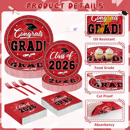 Miniatura 3 de QZYL Juego de 200 suministros de graduación 2026, platos de graduación rojos, servilletas, platos de postre y tenedores de plástico para 50