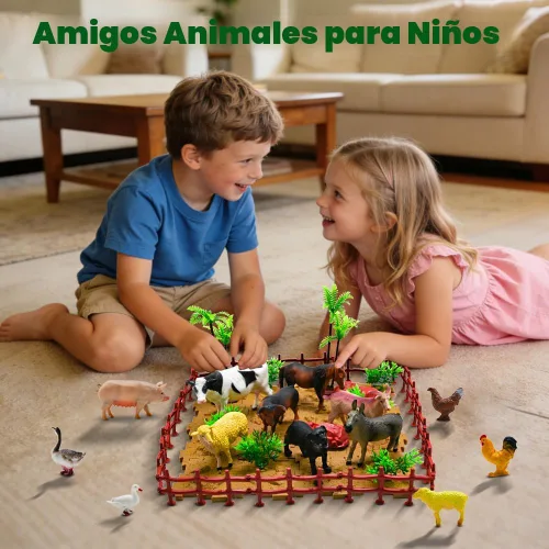 Miniatura 5 de BOLZRA Figuras de animales de granja, juguetes realistas de animales de plástico con bloques de construcción de vallas, juego de figuras de granja