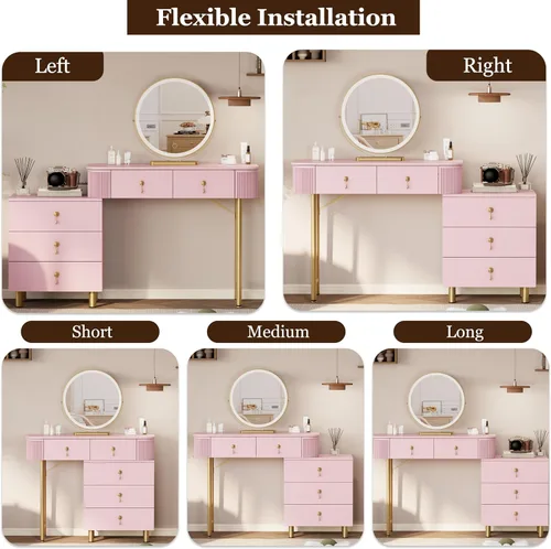 Miniatura 5 de Royal Windsor Escritorio de maquillaje con espejo y luces, mesa de tocador moderna con 5 cajones, escritorio de maquillaje con 3 modos de Rosa