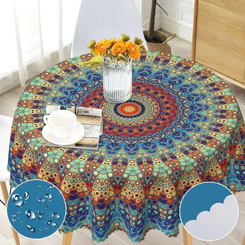 Mantel redondo bohemio de 60 pulgadas, mantel circular bohemio, resistente a las manchas, repelente al agua y sin arrugas, coloridos manteles Mantel
