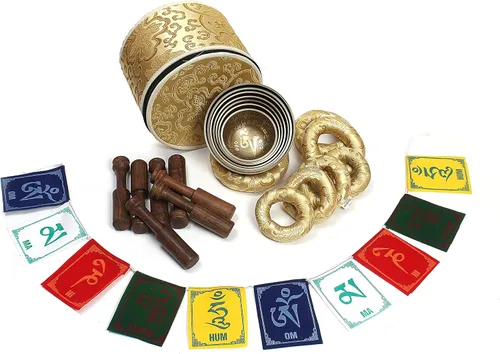 Miniatura 2 de ESK-06 - Juego de 7 cuencos tibetanos de 3 a 5.2 pulgadas, cuenco cantor del Himalaya, hecho a mano, con cojines de seda, 7 palos, bandera y caja
