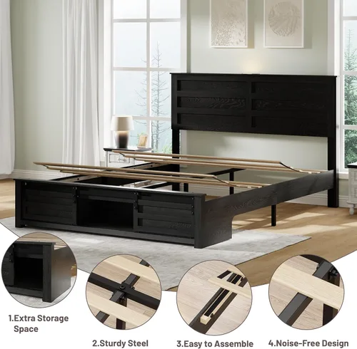Miniatura 5 de Base de cama tamaño matrimonial con cabecero de madera, estructura de cama de plataforma de madera con estribo de puerta corrediza de granero