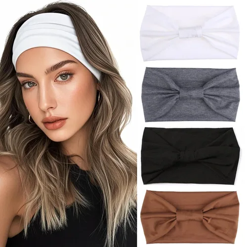 Xtrend Paquete de 4 bandas anchas para el cabello para mujer, bandanas negras de moda, estilo bohemio, bandas gruesas para el cabello, grandes
