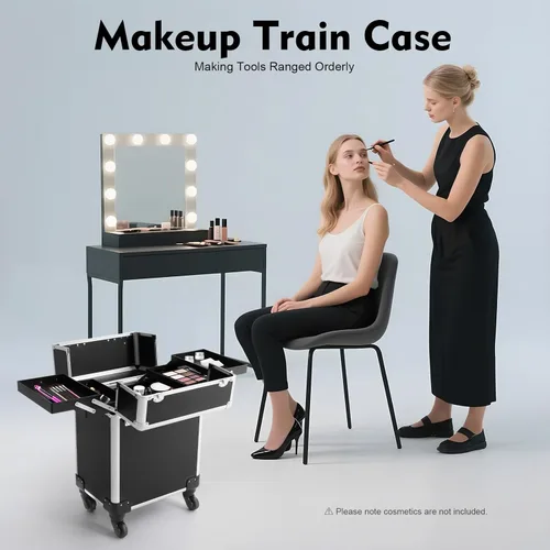 Miniatura 2 de Estuche de maquillaje profesional, estuche de aluminio para cosméticos con ruedas silenciosas, 4 bandejas plegadas y varilla retráctil, capacidad