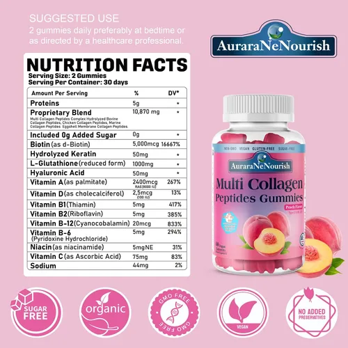 Miniatura 2 de Gomitas de péptidos de colágeno múltiple, sin azúcar, hidrolizadas, 5000 mg de proteína, tipo I, II, III, V, X, con biotina, ácido hialurónico