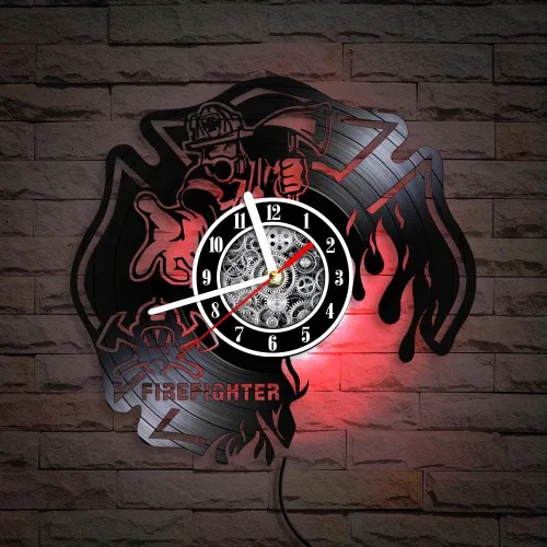 Miniatura 8 de The Geeky Days Reloj de pared LED de bombero, disco de vinilo, 7 colores, cruz maltesa quemada, 12 pulgadas, silencioso, sin tictac, casco