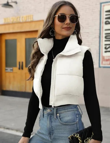 Miniatura 11 de Gihuo Chaleco acolchado recortado para mujer, sin mangas, chaqueta acolchada, chaleco acolchado para invierno, con cremallera completa, abrigo ligero