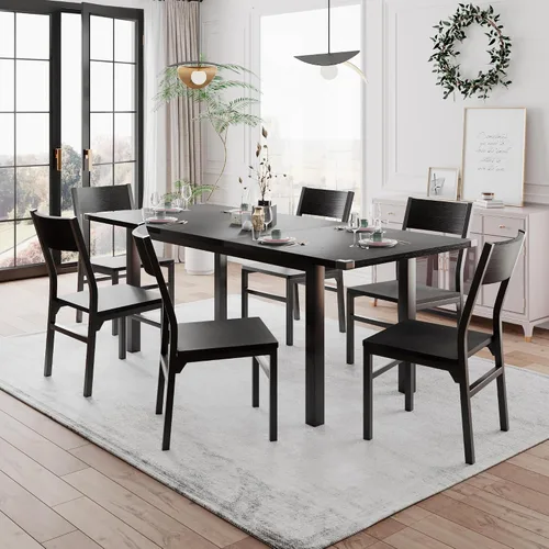 Einhomn Juego de mesa de comedor de 7 piezas con 6 sillas, mesa de comedor extensible de 63 pulgadas y sillas para 4-6, tablero de MDF y marco de