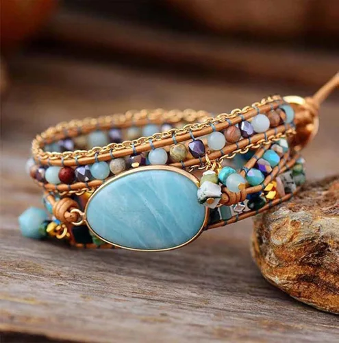 Miniatura 2 de ZOSOJONA Pulsera envolvente para mujer, estilo bohemio, con cuentas de cristal de jaspe natural, Cuero, Ágata