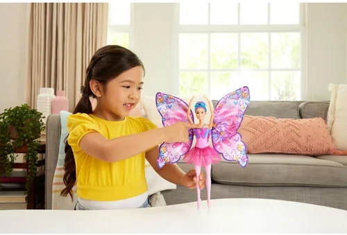 Miniatura 6 de Barbie Muñeca Dance and Flutter con transformación 2 en 1 de bailarina a mariposa con alas de apertura, cabello morado, tocado y tutú extraíble