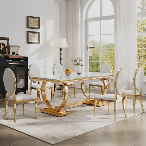 Miniatura 14 de Juego de mesa de comedor de 7 piezas, mesa de cocina de lujo de mármol sintético blanco de 70 pulgadas y 6 sillas copetudas de terciopelo beige