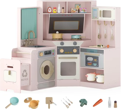 Costzon Cocina de Juego de Esquina, Cocina Grande de Juego de Simulación con Luz y Sonido Reales, Bote de Basura Extraíble, Estufas, Microondas,