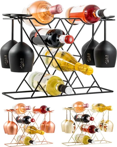 Gusto Nostro Estantes de vino pequeños para 8 botellas y 4 vasos, estante de vino para encimera con soporte para vidrio, moderno estante de vino