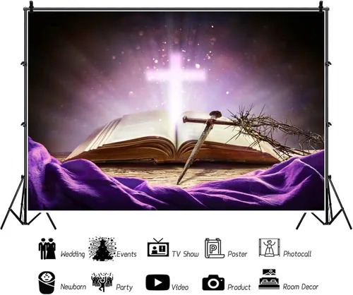 Miniatura 3 de Renaiss Telón de fondo de crucifijo bíblico de 6 x 4 pies, corona de espinas, cruz de uñas, escritura de escritura, fondo de fotografía, luz