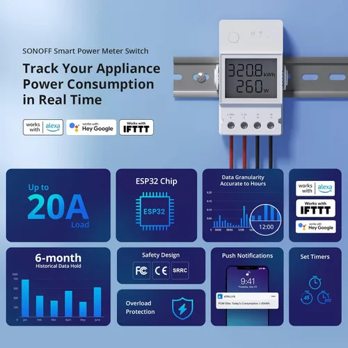 Miniatura 2 de SONOFF POWR320D Elite 20A WiFi Smart WiFi Interruptor de luz inalámbrico con monitoreo de energía, módulo universal de bricolaje para hogar
