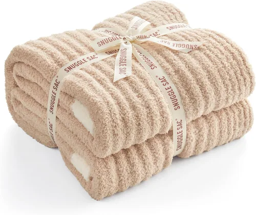 Miniatura 3 de Snuggle Sac Manta suave y acanalada beige para sofá, lujosa manta de punto mullida y acogedora para todas las estaciones, manta netural reversible