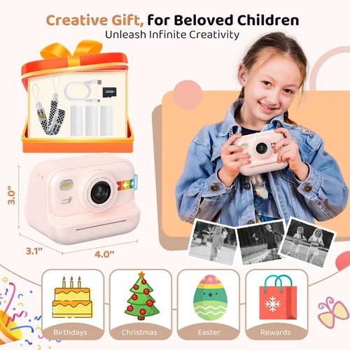 Miniatura 3 de Cámara de impresión instantánea para niños, regalos de cumpleaños para niñas y niños de 3 a 12 años, cámara de video 1080P para niños, ideas