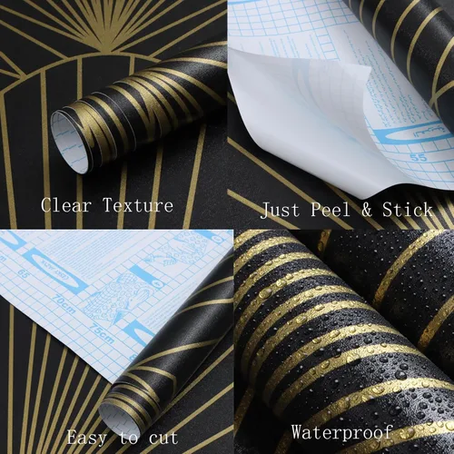 Miniatura 8 de Yasinet Papel tapiz geométrico para despegar y pegar, papel de pared negro y dorado para dormitorio, baño, papel de contacto geométrico Art Deco