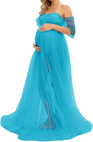Miniatura 2 de ZIUMUDY Vestido largo de sesión de fotos de tul con hombros descubiertos para maternidad, manga caída, vestido de tul transparente