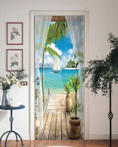 Miniatura 15 de FLFK Adhesivo de puerta - Playa y palmera, mural de pelar y pegar, tamaño combinado 36"x80", dividido en 2 piezas Mt2219
