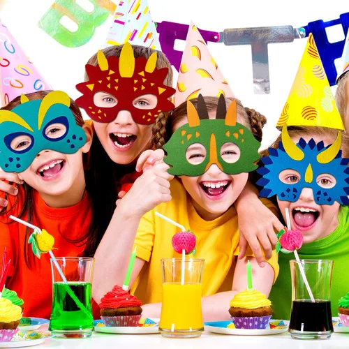 Miniatura 2 de TEEHOME Máscaras de dinosaurio para fiestas (24 paquetes) de fieltro y elástico para niños, decoraciones de fiesta de dinosaurios con 24 máscaras