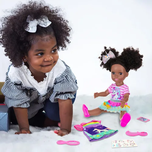 Miniatura 5 de Ecore Fun Muñeca Negra de 14 Pulgadas con Accesorios de Ropa para Muñeca Bebé Negra – Incluyendo Vestido, Blusa, Falda, Zapatos, Peine, Espejo