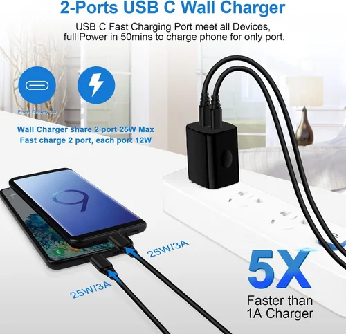 Miniatura 3 de Bloque de cargador de 25 W, USB C, caja de cargador de pared Android, 2 puertos, adaptador de corriente de enchufe de carga dual súper rápido