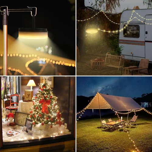 Miniatura 7 de Guirnalda de luces solares para campamento, 39.4 pies, portátil, impermeable, con 8 modos de iluminación, funciona con energía solar y recargable