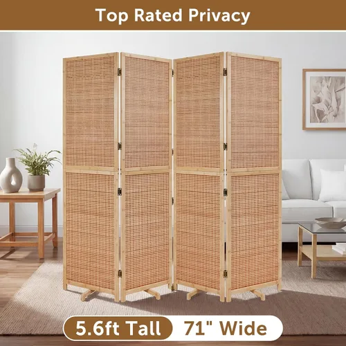 Miniatura 3 de Olela Divisor de habitación plegable de 4 paneles, pantalla de bambú de 5.6 pies de alto con patas de soporte giratorias, pantalla de madera