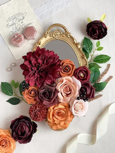 Miniatura 160 de FACINOC Ramos de Rosas Artificiales Naranjas, Juego de Caja de Flores Artificiales con Tallos para DIY, Bodas, Despedidas de Soltera, Decoraciones