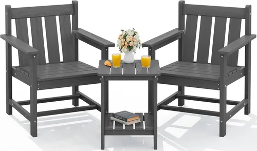 SERWALL - Juego de muebles de patio de 3 piezas estilo bistró, juego de sillas Adirondack para todo clima con mesa auxiliar, juego de muebles de Gris