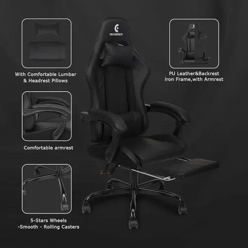 Miniatura 6 de Silla de juegos con reposabrazos y reposapiés Linkage, silla de videojuegos de respaldo alto, color negro