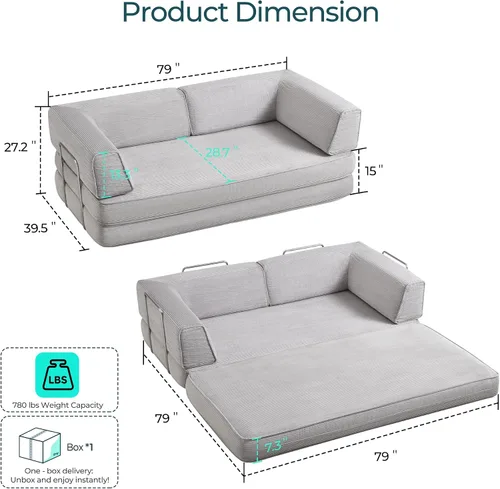 Miniatura 2 de LINSY HOME Sofá cama convertible de 79 pulgadas, sofá cama plegable de compresión, sofá cama plegable de pana para sala de estar y dormitorio, sofá