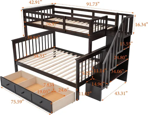 Miniatura 2 de Literas de escalera individual sobre matrimonial con escaleras de almacenamiento de 4 escalones y cajones debajo de la cama, color espresso