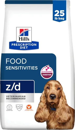 Alimento seco para perros Prescription Diet z/d de Hill's para sensibilidades cutáneas/alimentarias hidrolizadas, dieta veterinaria, bolsa de 25 lb