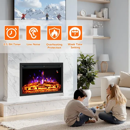 Miniatura 6 de Insertos de chimenea eléctrica de 24.5 pulgadas, brillo ajustable, termostato y temporizador, protección contra sobrecalentamiento, 750/1500 W
