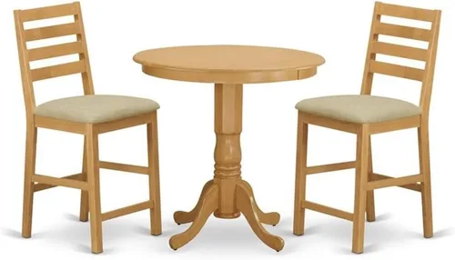 East West Furniture JACF3-OAK-C - Juego de mesa de comedor de 3 piezas de altura de encimera de cocina contiene una mesa redonda de pub con pedestal