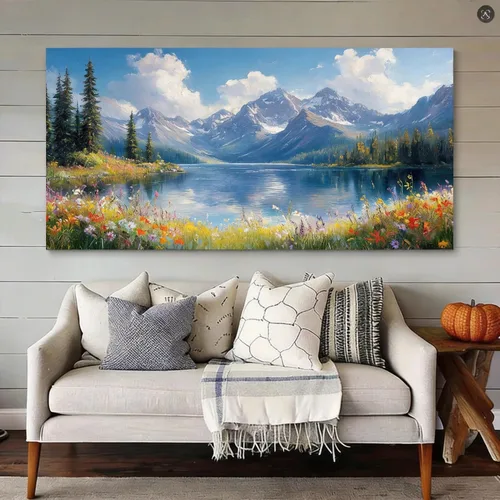 Miniatura 7 de Inzlove Large Canvas Wall Art 48" L x 24" W - Snow Mountain Lake Landscape Painting, Meadow Wildflowers Art Print, Rustic Farmhouse Decor for Living