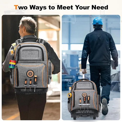 Miniatura 7 de Mochila de herramientas con rueda, mochila de herramientas rodante para electricistas, bolsa de herramientas resistente con rueda para trabajo